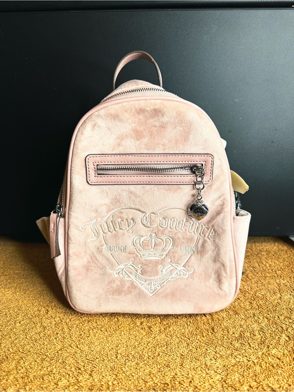 Juicy Couture Blush Velvet Mini Backpack with Embroidered Crest